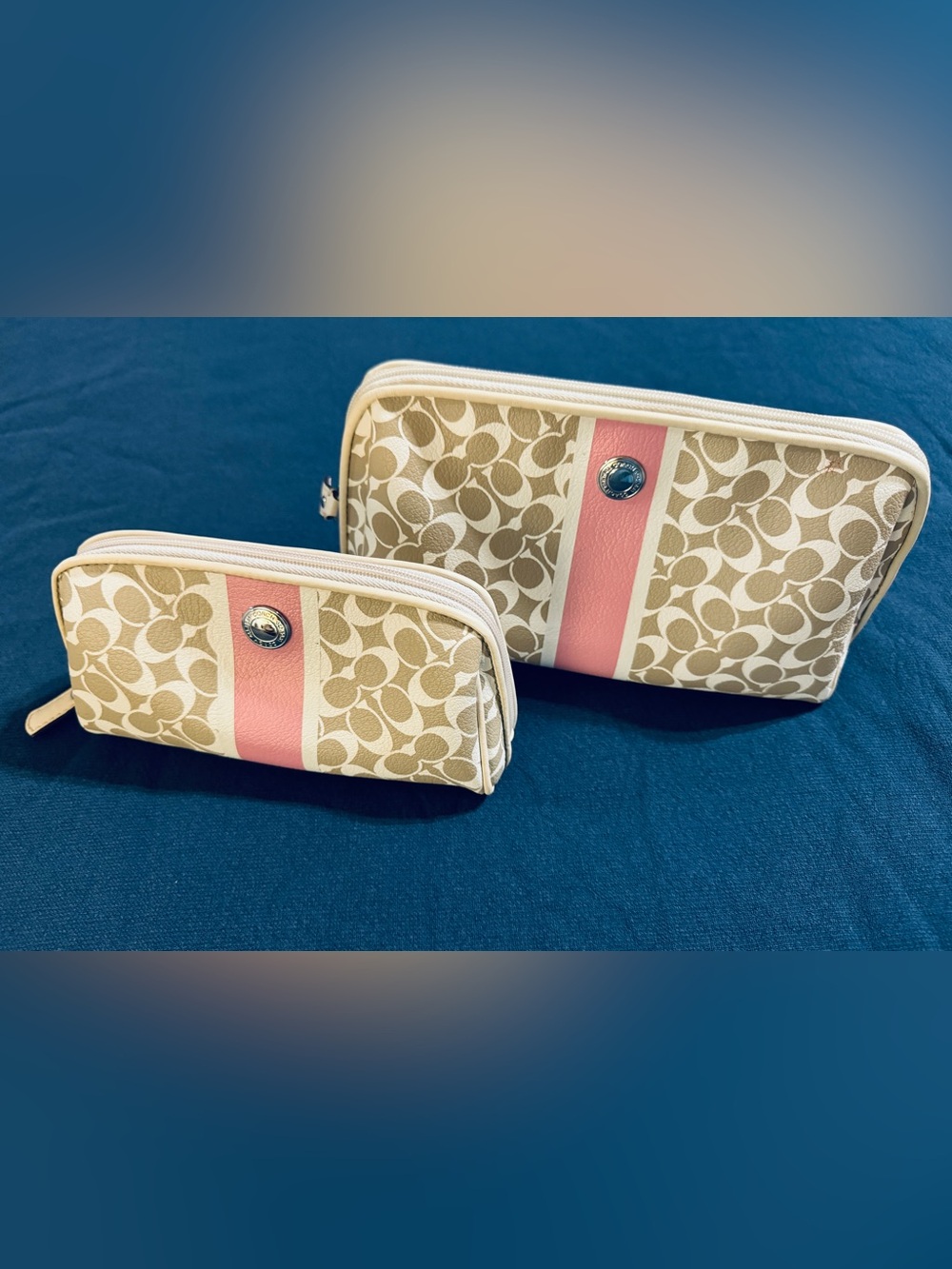 Coach Beige Signature Cosmetic Pouch Duo with Pink Stripe